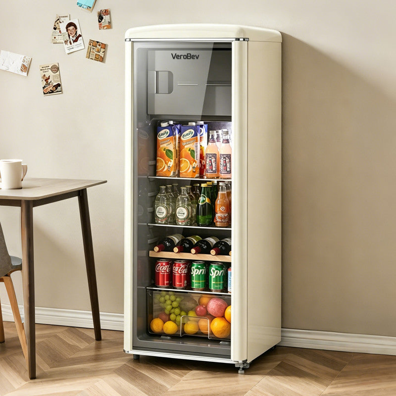 225L Freestanding Beverage Refrigerator with Glass Door, Adjustable Temperature Control and Freezer Compartment