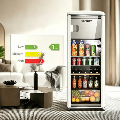 225L Freestanding Beverage Refrigerator with Glass Door, Adjustable Temperature Control and Freezer Compartment