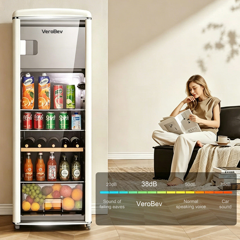 225L Freestanding Beverage Refrigerator with Glass Door, Adjustable Temperature Control and Freezer Compartment
