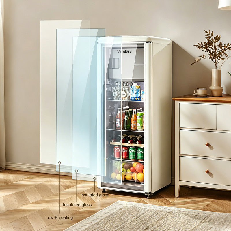 225L Freestanding Beverage Refrigerator with Glass Door, Adjustable Temperature Control and Freezer Compartment