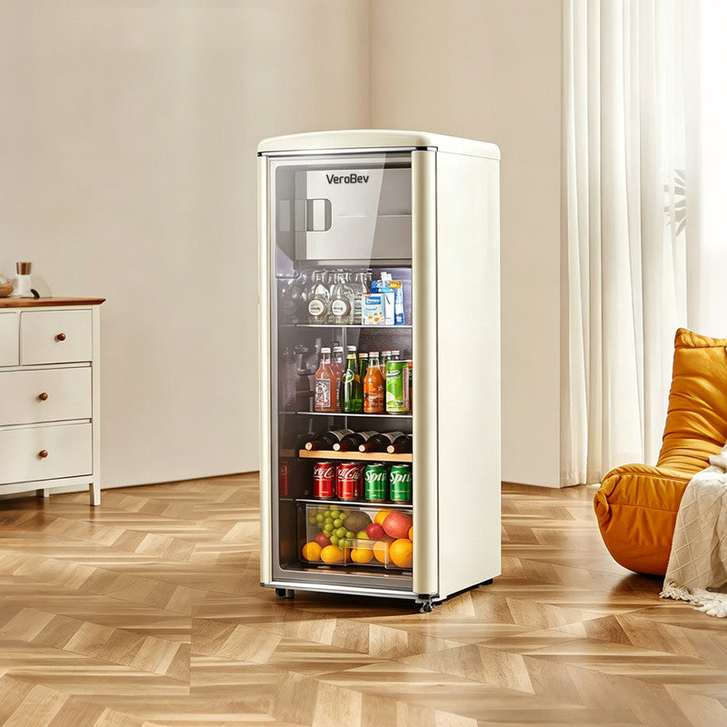 225L Freestanding Beverage Refrigerator with Glass Door, Adjustable Temperature Control and Freezer Compartment