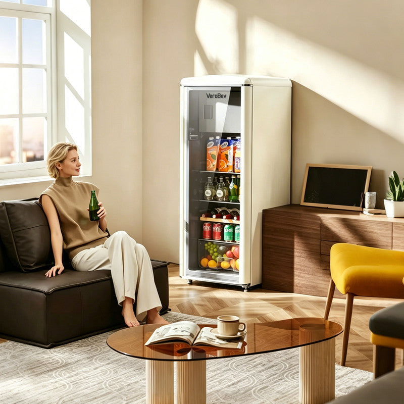 225L Freestanding Beverage Refrigerator with Glass Door, Adjustable Temperature Control and Freezer Compartment