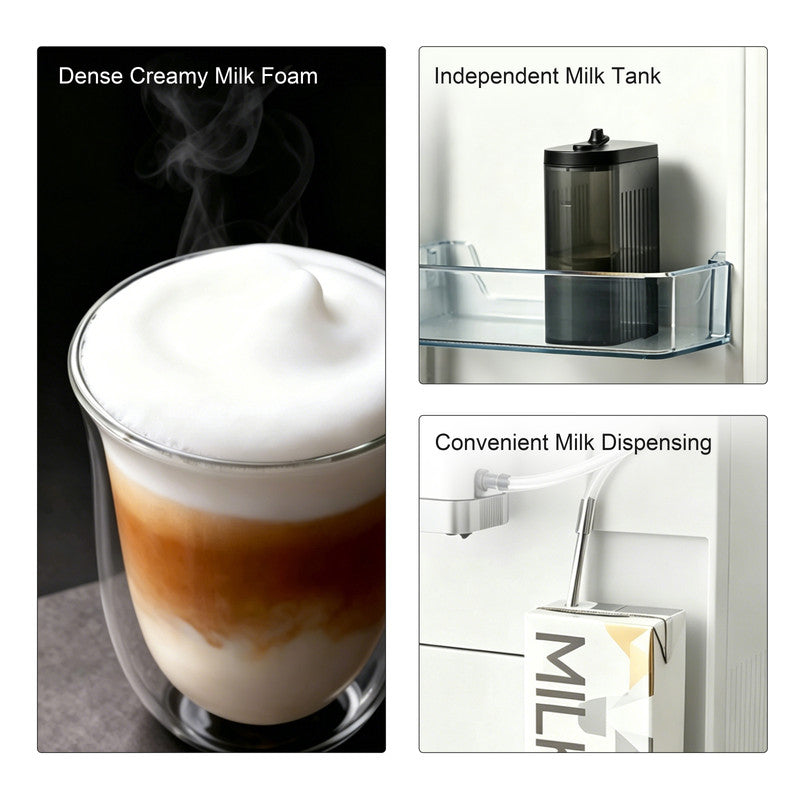 6 Cups Black/White Espresso Machine with Built-in Grinder, LatteFoam Milk Frother, Dual Cup Brewing, 9 One-Touch Drinks and Cold Brew