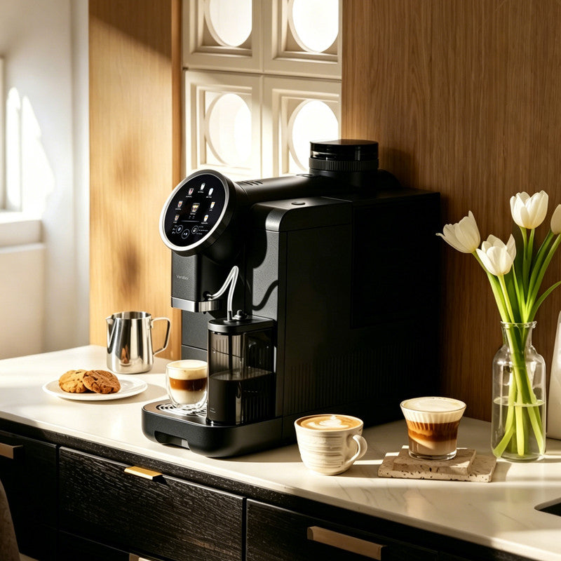 6 Cups Black/White Espresso Machine with Built-in Grinder, LatteFoam Milk Frother, Dual Cup Brewing, 9 One-Touch Drinks and Cold Brew