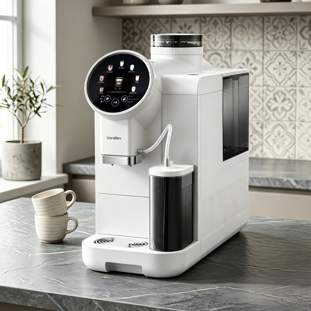 6 Cups Black/White Espresso Machine with Built-in Grinder, LatteFoam Milk Frother, Dual Cup Brewing, 9 One-Touch Drinks and Cold Brew