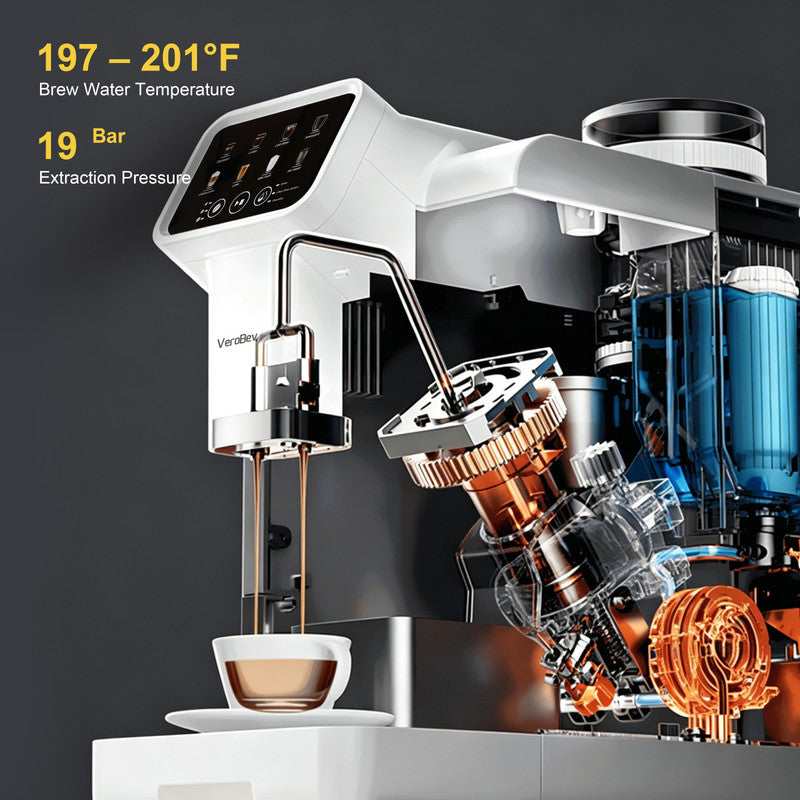 6 Cups White Automatic Espresso Machine with Built-in Grinder, LatteFoam Milk Frother, 8 One-Touch Drinks and Magnetic Removable Milk Tank