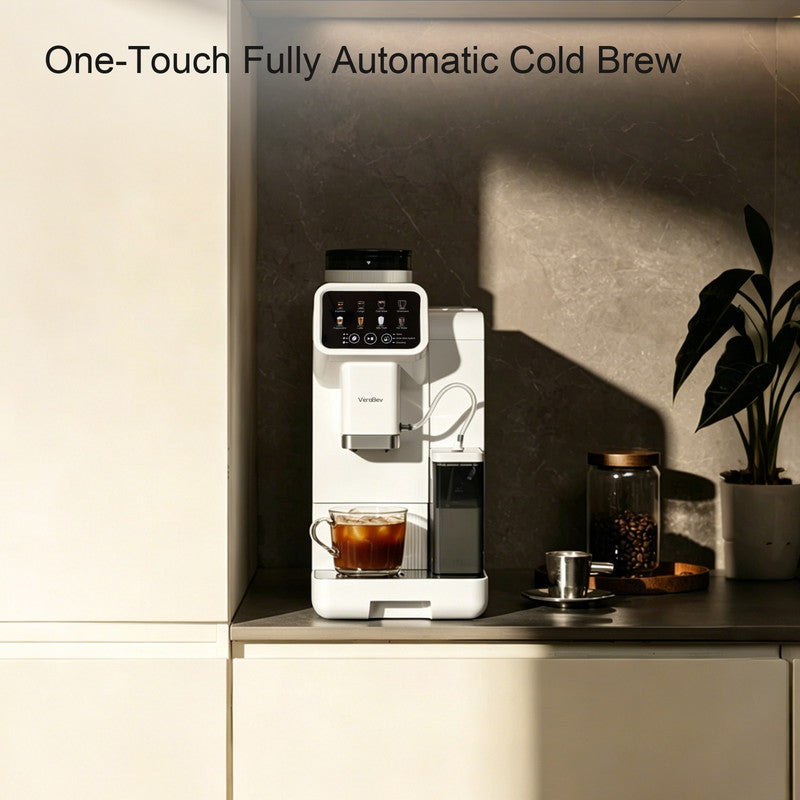 6 Cups White Automatic Espresso Machine with Built-in Grinder, LatteFoam Milk Frother, 8 One-Touch Drinks and Magnetic Removable Milk Tank