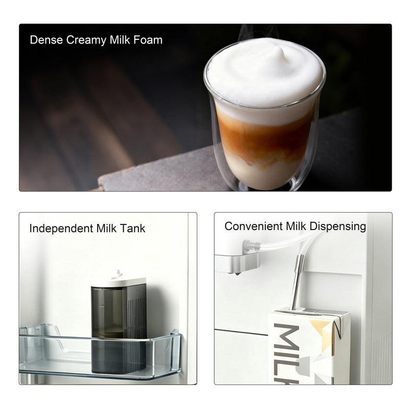 6 Cups White Automatic Espresso Machine with Built-in Grinder, LatteFoam Milk Frother, 8 One-Touch Drinks and Magnetic Removable Milk Tank