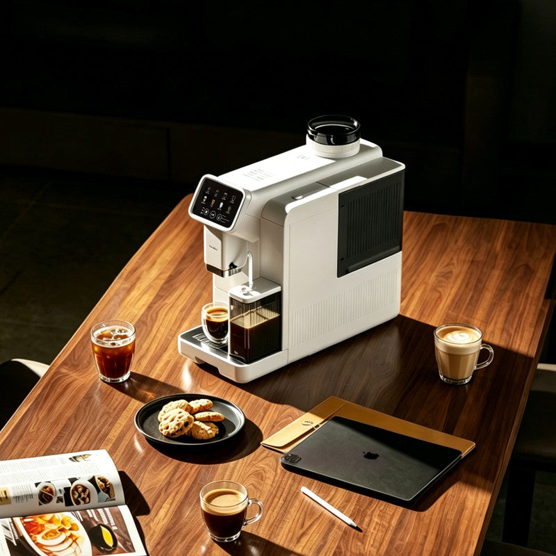 6 Cups White Automatic Espresso Machine with Built-in Grinder, LatteFoam Milk Frother, 8 One-Touch Drinks and Magnetic Removable Milk Tank