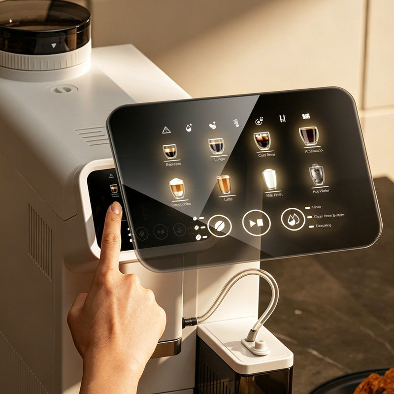 6 Cups White Automatic Espresso Machine with Built-in Grinder, LatteFoam Milk Frother, 8 One-Touch Drinks and Magnetic Removable Milk Tank
