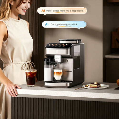 6 Cups Black Espresso Machine with AI Voice Control, AI Bean Recognition, One-Touch Grinding and Brewing